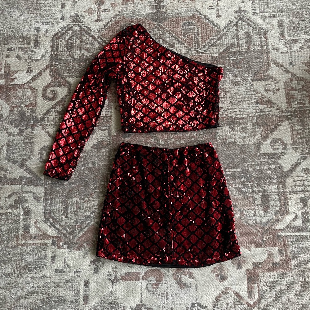 Red and Black Sequin One-Shoulder Top and Skirt Set